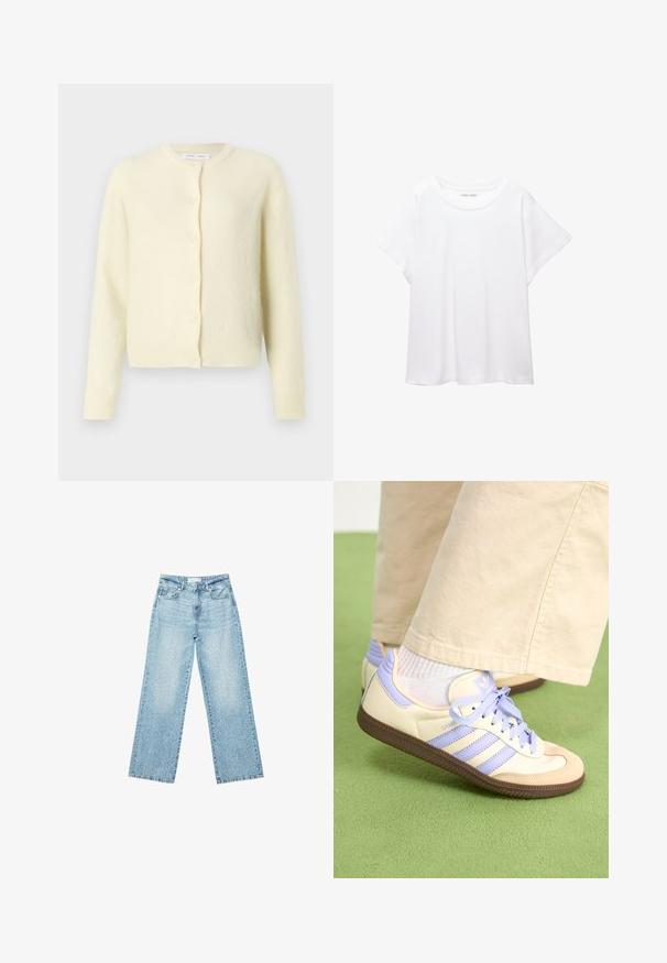 Svijetložuti kardigan napravljen od meke, teksturirane tkanine. Ima okrugli izrez, duge rukave i zatvaranje na šest dugmadi sprijeda.; Bijela majica od mekane, lagane tkanine. Ima okrugli izrez i kratke, široke rukave s ležernim krojem. Bez vidljivih uzoraka.; Svijetloplave široke traperice s visokim strukom, s izbljeđenim pranjem i malim, raštrkanim oštećenjima na cijeloj površini.; Kremasto-ljubičaste tenisice s tri pruge i strukturiranim smeškim potplatom, s vezicama i podstavljenim petom. Mekana gornja tkanina.