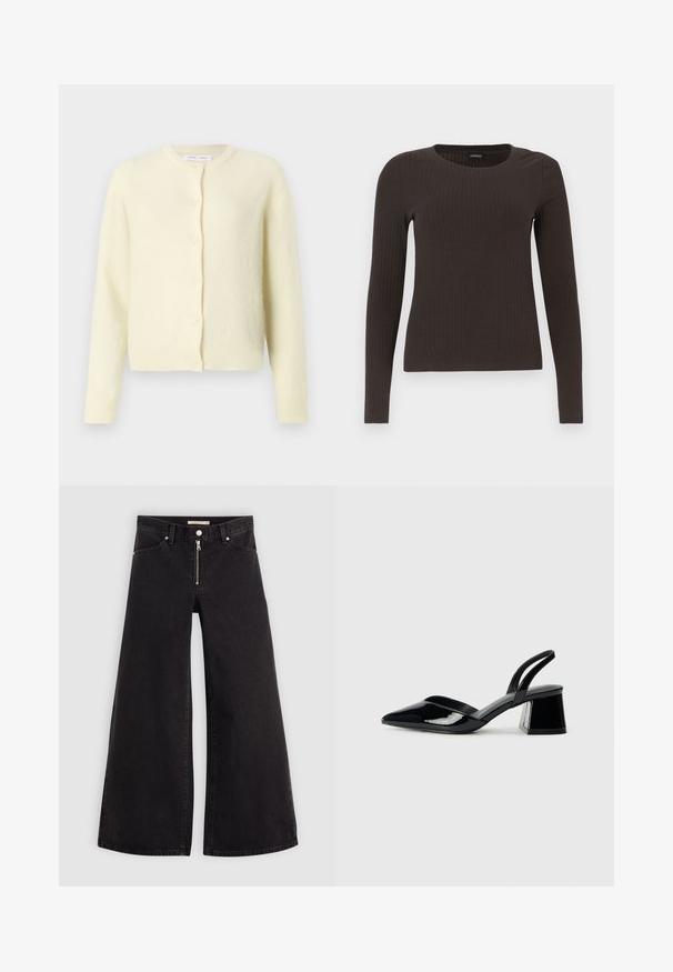 Light yellow cardigan made of soft, textured fabric. Features a round neckline, long sleeves, and six-button front closure.; Brown, long-sleeve ribbed top with a crew neckline. Made from a smooth, stretchy material, featuring a fitted silhouette and minimal detailing.; Wide-leg jeans in black denim with a zippered front, five-pocket design, and subtle stitching details. Smooth texture and casual style.; Black patent leather slingback heels with a pointed toe and a geometric block heel. Features a sleek, minimal design and smooth texture.