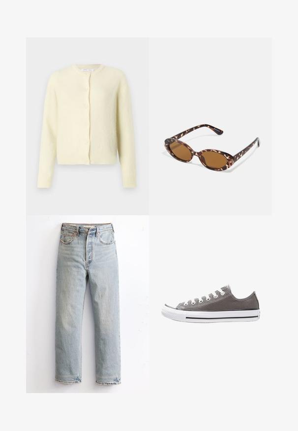 Helles gelbes Cardigan aus weichem, texturiertem Stoff. Es hat einen runden Halsausschnitt, lange Ärmel und eine Frontschließe mit sechs Knöpfen.; Weißes T-Shirt mit kurzen Ärmeln, Rundhalsausschnitt, aus weichem, glattem Baumwollstoff, mit geradem Saum und minimaler Ausstattung. Schlichtes und vielseitiges Design.; Helle blaue Jeans mit geradem Bein, ausgestattet mit einem ausgefransten Saum, kupfernen Nieten und einem klassischen Fünf-Taschen-Design.; Graue Leinensneaker mit weißer Gummisohle, schwarzem Streifen und Metallösen. Verfügt über eine runde Zehenpartie, ein tief geschnittenes Design und strukturstoff.; Sonnenbrille aus Schildpatt mit ovalen Gläsern, braun getönt, dünnen Bügeln mit strukturiertem Muster, leichtem Kunststoffrahmen.