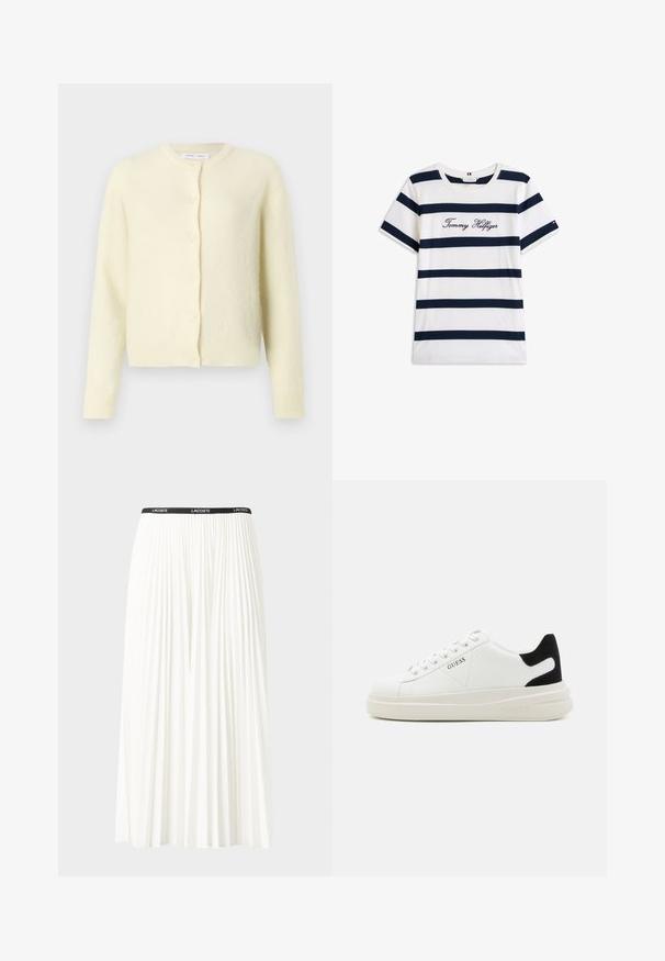 Svetložltý kardigán vyrobený z mäkkého, textúrovaného materiálu. Má okrúhly výstrih, dlhé rukávy a predné zapínanie na šesť gombíkov.; Bavlnené tričko s horizontálnymi námorníckymi pruhmi na bielom pozadí. "Tommy Hilfiger" vyšívané kurzívou na hrudi. Okrúhly výstrih.; Plisovaná biela sukňa s čiernym elastickým pásom s logom "LACOSTE". Sukňa je stredne dlhá a má mäkkú textúru.; Biele kožené tenisky s hrubou bielou podrážkou, čiernym zamekom na päte a vyrazeným logom na boku. Šnurovací dizajn so šiestimi očkami.