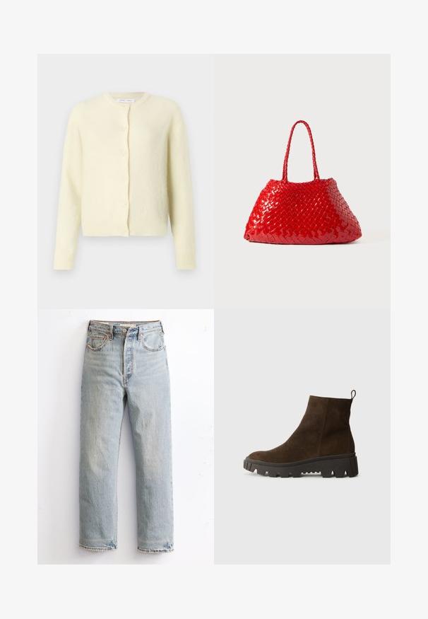 Cárdigan de color amarillo claro hecho de una tela suave y texturizada. Cuenta con un escote redondo, mangas largas y un cierre frontal de seis botones.; Camisa polo de manga larga azul claro con rayas horizontales grises y blancas y un cuello tipo polo.; Jeans de denim azul claro con un diseño de pierna recta, que presentan un dobladillo desgastado, remaches de cobre y un estilo clásico de cinco bolsillos.; Botín de ante marrón hasta el tobillo con una suela de goma negra gruesa, que presenta un ligero tacón y una lengüeta en la parte posterior para facilitar su puesta.; Bolso de mano tejido en rojo con acabado brillante, que presenta asas trenzadas. Forma triangular distintiva y superficie texturizada con un patrón apretado.
