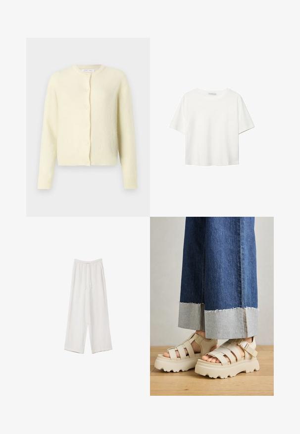 Svijetložuti kardigan napravljen od meke, teksturirane tkanine. Ima okrugli izrez, duge rukave i zatvaranje na šest dugmadi sprijeda.; Bijela majica kratkih rukava od pamuka. Ima okrugli izrez i opušteni kroj. Glatka tekstura bez vidljivih uzoraka ili naglasaka.; Bijele hlače širokih nogavica napravljene od lagane tkanine. Imaju elastičan pojas s ušicom i bočne džepove. Glatka tekstura.; Bež platforme sandale s debelim potplatima imaju dizajn s trakama i podesivim remenima oko gležnja. Nanesene su uz široke traperice, a jedna nogavica je pohabana.