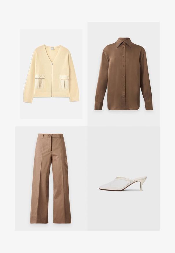 Kremowy sweter z dzianiny z dekoltem w kształcie litery V, zamkiem błyskawicznym na przodzie i dwiema naszytymi kieszeniami. Posiada ściągacze przy mankietach i na dolnej krawędzi, z gładkimi akcentami materiałowymi.; Brązowa, długosleeve koszula z guzikami, z ostrym kołnierzykiem i mankietami, prezentowana na jednolitym białym tle.; Brązowe spodnie szerokie, wykonane z gładkiego materiału, z zamknięciem na guzik z przodu, dwiema przednimi kieszeniami oraz czystymi, dopasowanymi liniami.; Białe melanżowe mule z ostro zakończonym noskiem, o smukłym średnim obcasie i wsuwanej konstrukcji na jednolitym tle.