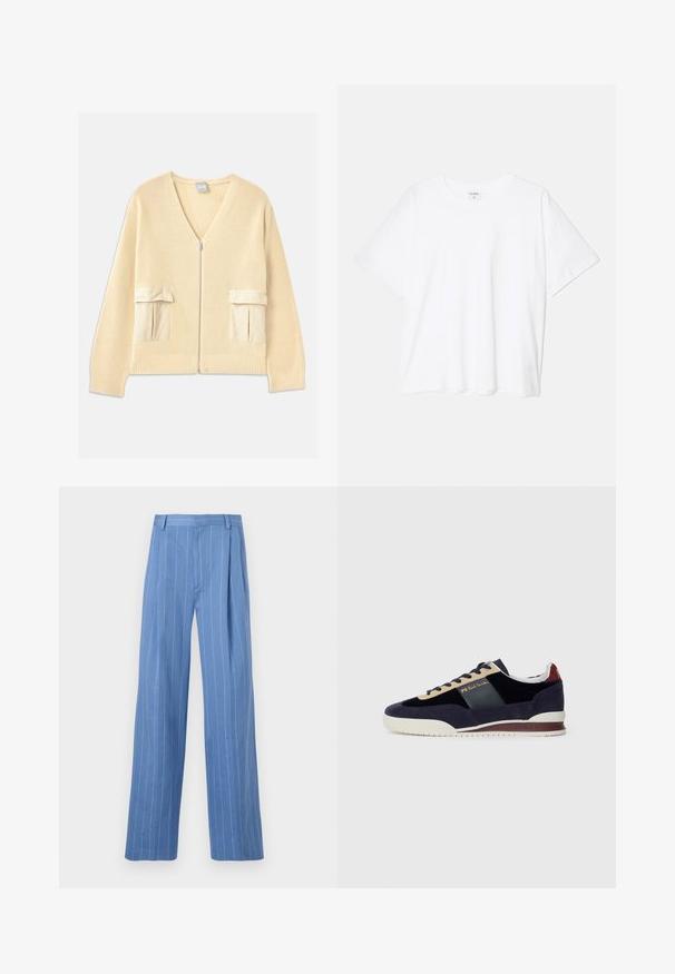 Grietai megztas kardiganas su V formos iškirpte, priekyje užtrauktuku ir dviem prisiūtomis kišenėmis. Yra raukšlėti rankogaliai ir apatinė dalis, su lygiais audinio akcentais.; Balta medvilnės marškinėliai trumpomis rankovėmis, apvalia iškirpte, laisvo kirpimo ir su siūtu kraštu. Etiketė matoma vidinėje iškirptės pusėje.; Šviesiai mėlynos plačios kojų kelnės su vertikaliomis baltomis juostelėmis. Pagamintos iš lygaus audinio, turi priekinę raukšlę ir švarų juosmens dizainą.; Jūrų melsvi velveto sportbačiai su smėlio ir tamsiai mėlynomis detalėmis. Turi baltą gumos pabanduką ir auksinius logotipus šone. Klasikinis sportinis dizainas.