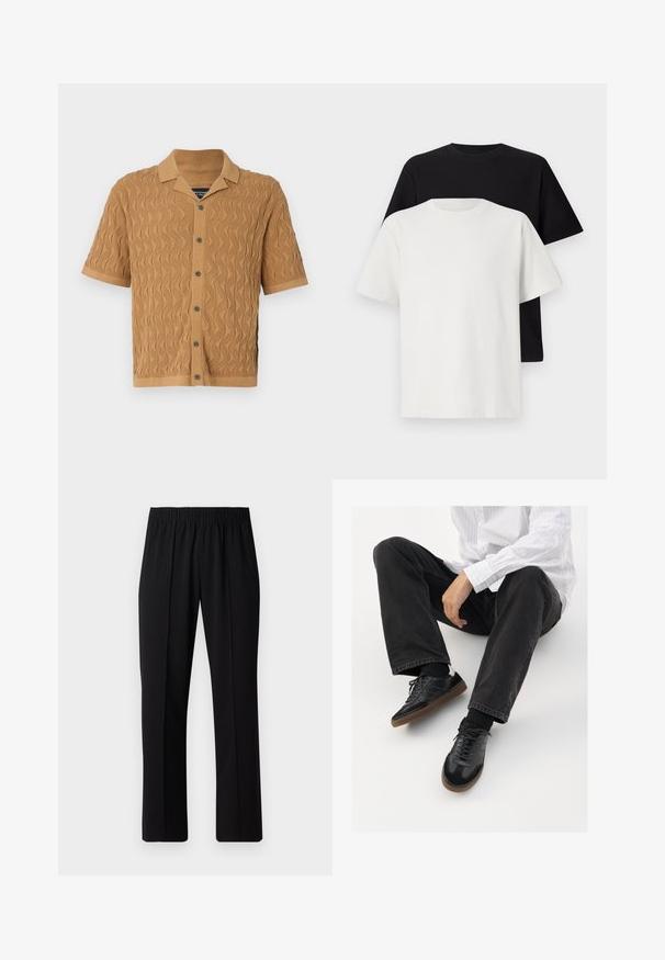 Chemise à manches courtes en tissu beige avec un motif texturé et ondulé, un col, et une fermeture à boutons à l'avant avec des boutons foncés.; Ensemble de t-shirts en coton comprenant un haut noir et un haut blanc, tous deux à manches courtes, avec un col rond et une coupe standard. Tissu texturé.; Pantalons noirs à taille élastique avec une coupe droite, présentant une texture lisse et sans motifs ni éléments visibles.; Sneakers noirs avec un dessus lisse et texturé, dotés d'une semelle en caoutchouc et de lacets sombres. Associés à un jean noir et une chemise blanche à rayures.