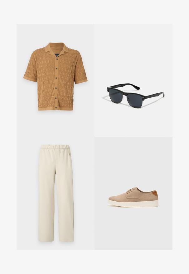 Košulja kratkih rukava u bež tkanini s teksturiranim valovitim uzorkom, s ovratnikom i kopčanjem na dugmad s tamnim dugmadima.; Crna majica kratkih rukava od teksturiranog materijala, s okruglim izrezom i opuštenim krojem. Jednostavna, bez uzoraka ili naglasaka.; Bež hlače širokih nogavica s elastičnim pojasom, izrađene od mekog materijala. Imaju glatku teksturu i bez vidljivih uzoraka ili hardvera.; Bež nubuk tenisice s okruglim vrhom, vezanjem sprijeda i teksturiranim stražnjim naglaskom. Bijela gumena potpetica pruža kontrast. Jednostavan i moderan dizajn.; Crne sunčane naočale pravokutnog oblika, tamne leće, srebrni detalji na sljepoočnicama i matirajuća završna obrada okvira.
