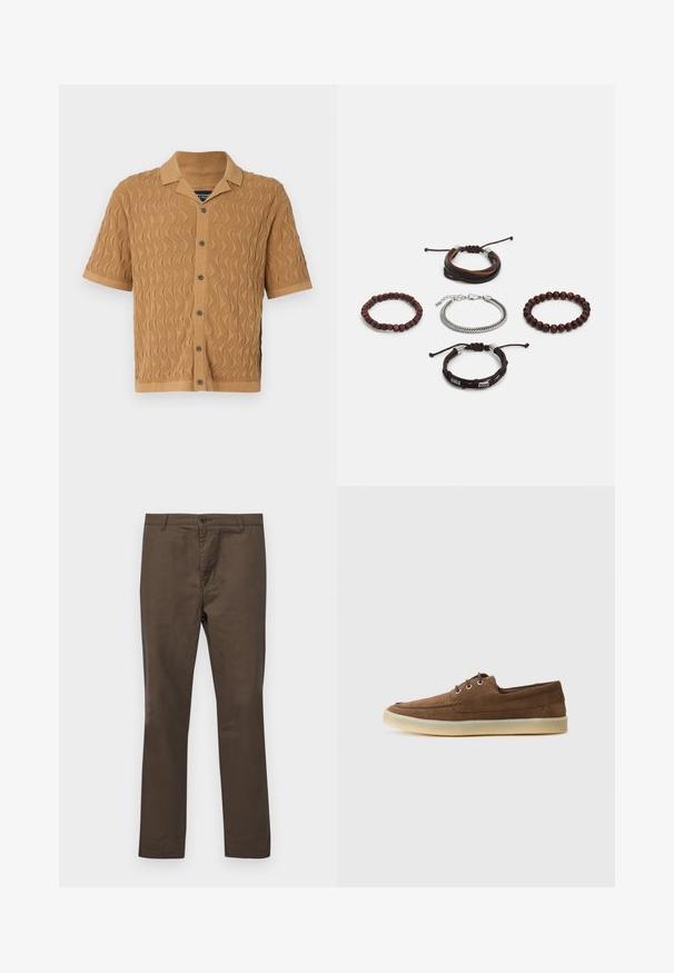 Camisa de manga curta em tecido bege com um padrão ondulado texturizado, decote com colarinho e fecho frontal com botões escuros.; Camiseta branca de mangas curtas em algodão com decote arredondado, apresentando uma textura suave e um design simples, sem padrões ou detalhes.; Calças de algodão castanhas com um design de perna reta, apresentando um fecho com botão e passantes para cinto, textura suave sem padrões ou detalhes.; Sapatos de camurça castanho com um perfil baixo, design atado, sola de borracha e detalhes de costura contrastantes. Estilo simples e funcional.; Conjunto de cinco pulseiras com couro castanho, contas de madeira e uma corrente de prata; texturas e formas variadas, com fechos ajustáveis.