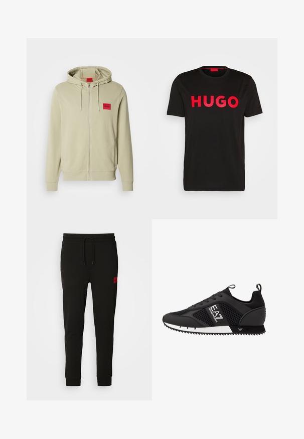 Kapuzensweatshirt mit Reißverschluss in Hellgrün, aus weichem Material gefertigt. Mit einem roten Logo-Patch auf der Brust sowie gerippten Bündchen und Saum.; Schwarzes Baumwoll-T-Shirt mit fettem roten "HUGO"-Schriftzug auf der Vorderseite, kurzen Ärmeln, rundem Ausschnitt und lässiger Passform.; Schwarze Sweatpants aus weichem Stoff, mit einem Kordelzugbund, schmaler Passform und einem rotenLOGO-Patch am linken Oberschenkel.; EA7 Emporio Armani Sneaker low - black/white