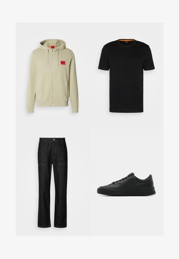 Hooded zip-up sweatshirt in light green, made from soft fabric. Features a red logo patch on the chest and ribbed cuffs and hem.; Black short-sleeve t-shirt made of soft fabric, featuring a round neckline and a subtle logo on the front. Inside collar has orange accent.; Black denim pants with a straight leg, visible stitching, and a front button closure. Includes two side pockets and two back pockets.; Black sneaker with smooth leather upper, round toe, flat laces, cushioned collar, and minimalistic design. Rubber sole with subtle tread pattern.