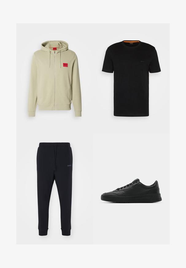 Mikina s kapucňou a zipsom v svetlozelenej farbe, vyrobená z mäkkej tkaniny. Má červený logotyp na hrudi a ribbované manžety a spodný lem.; Čierne tričko s krátkym rukávom vyrobené z mäkkého materiálu, s okrúhlym výstrihom a jemným logom na prednej strane. Vnútorný golier má oranžový akcent.; Čierne tepláky vyrobené z mäkkého materiálu s elastickým pásom, šnúrkou na stiahnutie a zúženými nohavicami. Obsahujú malé logo na boku.; Čierne tenisky s hladkým koženým zvrškom, okrúlym špičkou, plochými šnúrkami, polstrovaným golierom a minimalistickým dizajnom. Gumená podrážka s jemným vzorom behúňa.