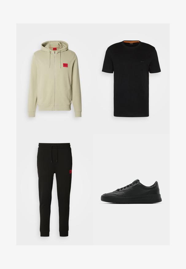 Hooded zip-up sweatshirt in light green, made from soft fabric. Features a red logo patch on the chest and ribbed cuffs and hem.; Black short-sleeve t-shirt made of soft fabric, featuring a round neckline and a subtle logo on the front. Inside collar has orange accent.; Black sweatpants made of soft fabric, featuring a drawstring waist, slim fit, and a red logo patch on the left thigh.; Black sneaker with smooth leather upper, round toe, flat laces, cushioned collar, and minimalistic design. Rubber sole with subtle tread pattern.