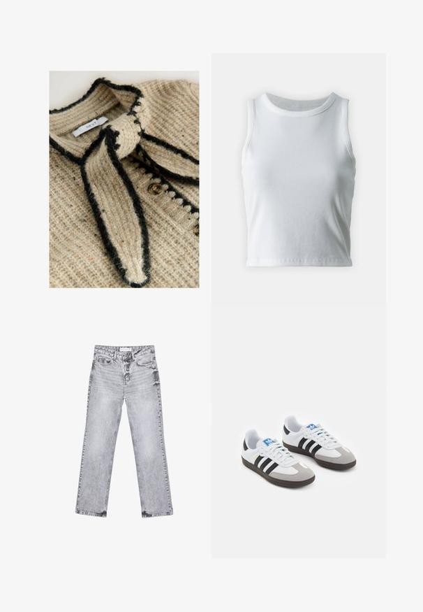 Beżowy sweter z dzianiny z teksturowanym wzorem, czarnymi wykończeniami i zapięciem na kokardkę przy szyi. Posiada okrągłe guziki na przodzie.; Biała, prążkowana koszulka na ramiączkach z okrągłym dekoltem i bez rękawów, z prostym dołem i gładką, elastyczną teksturą.; Szare dżinsy o prostym kroju nogawki, z przetarciami, pięcioma kieszeniami i miedzianymi nitami. Pasek w talii posiada metkę z logo.; Buty sportowe z białą skórzaną cholewką, szarym zamszowym noskiem i trzema czarnymi paskami. Posiadają niebieskie logo na języku oraz teksturowaną gumową podeszwę.