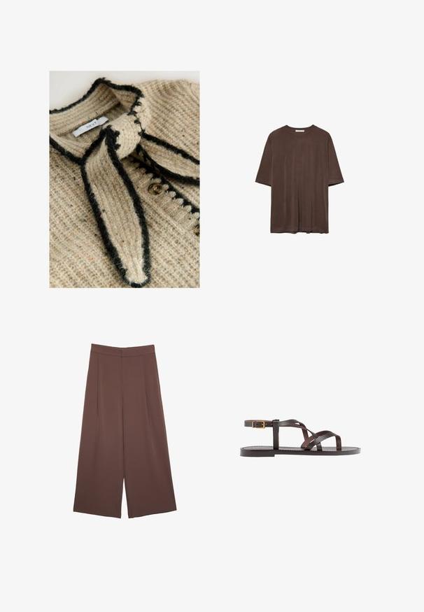 Beige pletený cardigan s texturovaným vzorem, černým lemováním a zavazováním v oblasti krku. Obsahuje kulaté knoflíky podél předního dílu.; Hnědé tričko s krátkým rukávem vyrobené z měkké tkaniny, s kulatým výstřihem a volným střihem. Hladký povrch bez vzorů nebo akcentů.; Hnědé široké kalhoty s hladkou texturou, vysokým pasem a předními záhyby. Materiál je lehký a volně splývá.; Hnědé kožené sandály s kříženými pásky, uzavřením na přezku u kotníku a plochou podrážkou s minimem švů.