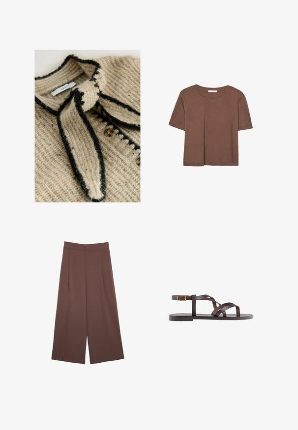 Beige Strickcardigan mit strukturiertem Muster, schwarzem Besatz und einer Schleifenverschluss am Hals. Verfügt über runde Knöpfe an der Vorderseite.; Braunes, kurzärmliges T-Shirt aus weichem Material mit rundem Halsausschnitt und lockerer Passform. Keine sichtbaren Muster oder Akzente.; Braune Weite-Leg-Hosen mit einer glatten Textur, hoher Taille und Vorderfalten. Der Stoff ist leicht und fällt locker.; Braune Leder-Sandale mit überkreuzten Riemen, einem Knöchelriemen mit Schnalle und einer flachen Sohle mit minimalen Nähdetails.