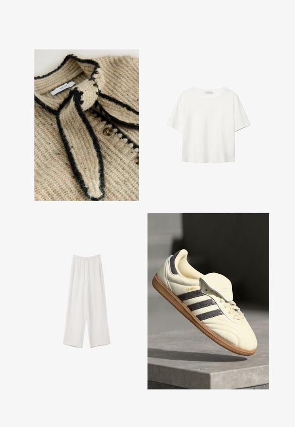 Beige knitted cardigan with a textured pattern, black trim, and a tie closure at the neck. Features round buttons along the front.; White short-sleeve t-shirt made of cotton. Features a crew neckline and a relaxed fit. Smooth texture with no visible patterns or accents.; White wide-leg trousers made from a lightweight fabric. Features an elastic waistband with a drawstring and side pockets. Smooth texture.; Cream leather sneaker with three dark stripes, a brown gum outsole, and a rounded toe. Features a foldable tongue labeled "SAMBA."