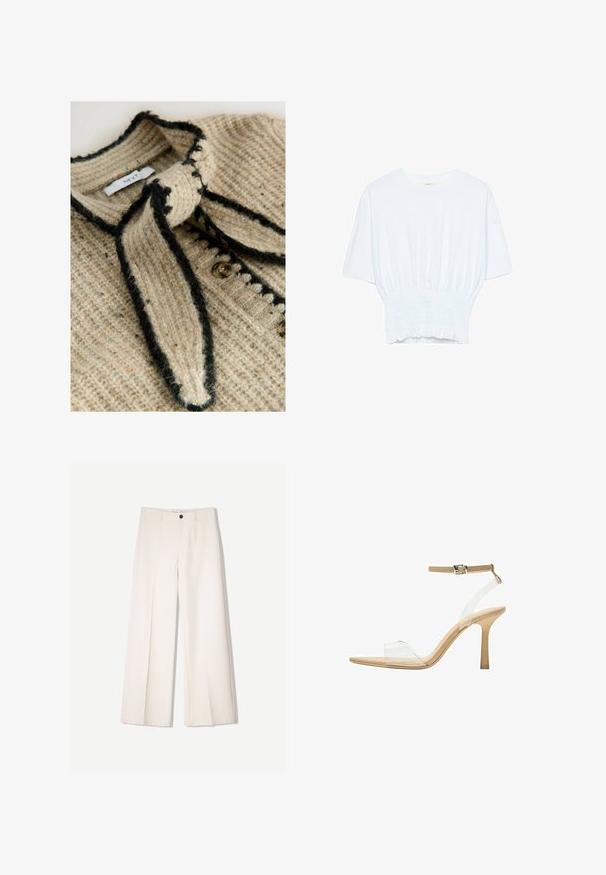 Cardigan lavorato a maglia beige con un motivo testurizzato, bordo nero e chiusura a cravatta al collo. Presenta bottoni rotondi lungo la parte anteriore.; T-shirt bianco a maniche corte con una vestibilità rilassata e una texture smock in vita. Realizzato in tessuto morbido e leggero.; Pantaloni larghi color crema con design sartoriale, dotati di due tasche frontali e una chiusura con bottone anteriore, realizzati in tessuto liscio.; Sandal con tacco trasparente e parte superiore trasparente, plantare beige e una sottile cinghia alla caviglia. Presenta una punta appuntita e un tacco alto e sottile.