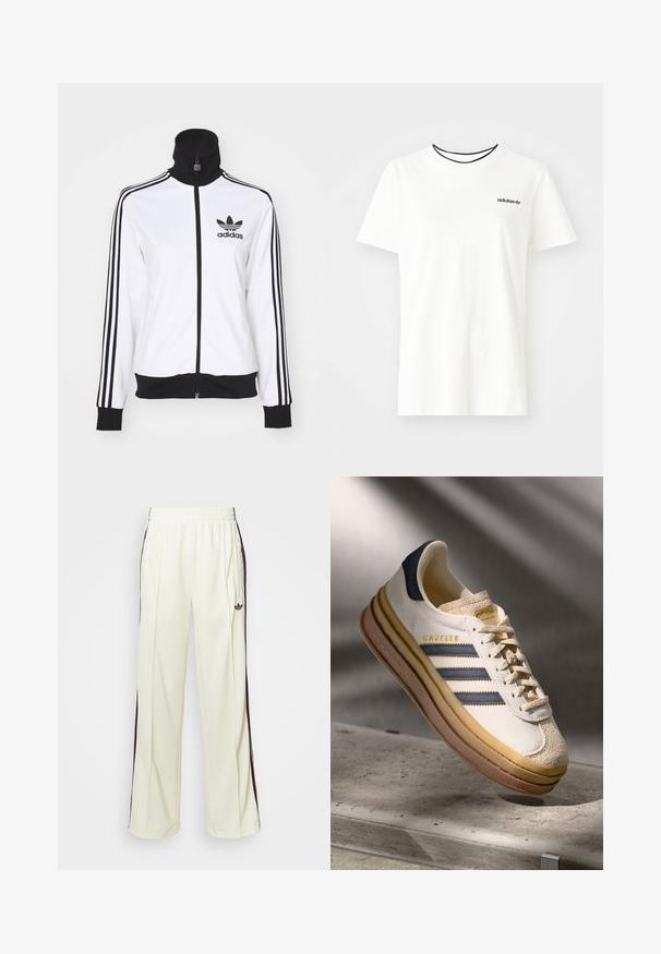 Balta zip-up striukė su aukštu apykakle, juodais akcentais ir trimis juodomis juostelėmis ant rankovių. Yra Adidas logotipas kairėje krūtinės pusėje.; Balta medvilnė marškinėliai su trumpomis rankovėmis ir apvalia iškirpte. Ant krūtinės yra juodas Adidas logotipas, o vidinė apykaklė yra kontrastinga juoda.; Kreminės spalvos laisvos kelnės, turinčios tamsiai rudas šonines juostas ir išsiuvinėtą logotipą kairiajame šlaunyje.; Adidas Gazelle sportbačiai su kremine zomšine viršutine dalimi, mėlynomis odinėmis detalėmis, trimis mėlynomis juostelėmis, béžiniu tarpu ir rudąja guma.