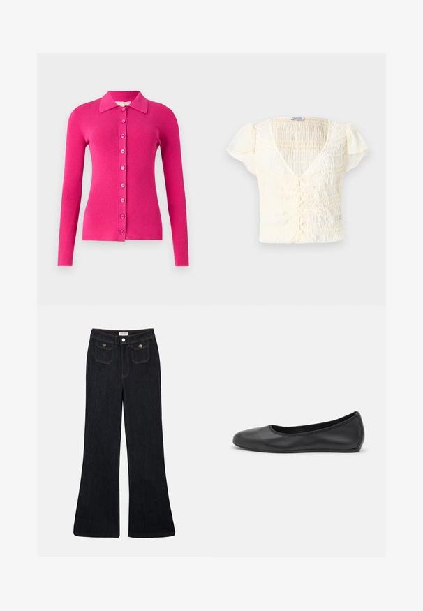 Zúžený kardigán s dlhým rukávom v jasne ružovej ribbovanej pletenine. Má stojatý golier a predné zapínanie na gombíky s farebne zladenými gombíkmi.; Krémovo sfarbený top s krátkym rukávom so smockovanou textúrou, V-krkom a gombíkovým uzáverom. Ľahký materiál s jemne pufovanými rukávmi.; Rozšírené tmavé denimové džínsy s vysokým pásom, dvoma prednými vreckami a oranžovým prešívaním. Materiál sa zdá byť pevný a hladký.; Čierne kožené baleríny s okrúhlou špičkou, hladkým povrchom, minimálnym prešívaním a flexibilným dizajnom podrážky.