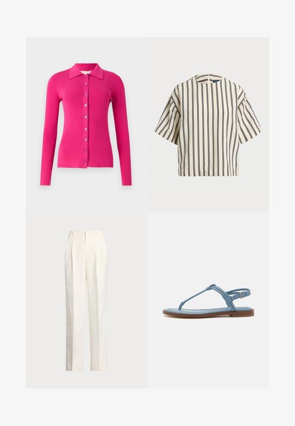 Zúžený kardigán s dlhým rukávom v jasne ružovej ribbovanej pletenine. Má stojatý golier a predné zapínanie na gombíky s farebne zladenými gombíkmi.; Krátky rukáv, pruhovaný top v krémovej a námorníckej modrej farbe, s okrúhlym výstrihom a štvorcovým strihom z texturovanej tkaniny.; Polo Ralph Lauren HEMP WIDE LEG PANT - Nohavice - nevis; Modré kožené tanga sandále s plochou podrážkou, s úzkym dizajnom popruhu a sponou na členku pre bezpečné prispôsobenie.