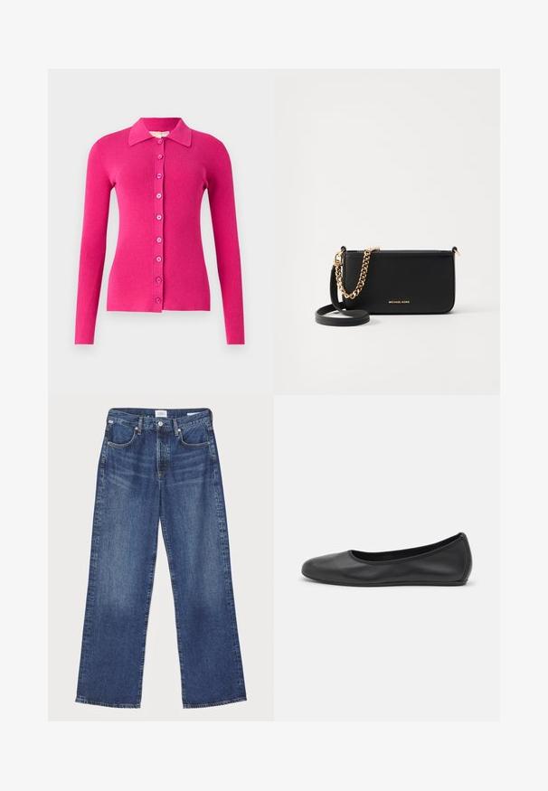 Cardigan ajusté à manches longues en tricot côtelé rose vif. Présente un col et une fermeture à boutons sur le devant avec des boutons assortis.; Haut à manches longues noir en col roulé, fabriqué en tissu lisse, présentant un col volanté et une silhouette ajustée avec des bords simples.; Citizens of Humanity ANNINA - Jean droit - westwood dark indigo; Ballerines en cuir noir avec un bout rond, texture lisse, détails de couture minimalistes et design de semelle flexible.; Pochette en cuir noir avec un accent en chaîne dorée, texture lisse et détails en logo doré. Inclut une bandoulière ajustable pour plus de polyvalence.