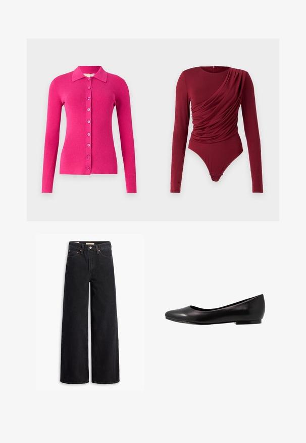 Cardigan aderente a maniche lunghe in maglia a coste di un vivace rosa. Presenta un colletto e una chiusura frontale con bottoni abbinati.; Body a maniche lunghe in un profondo rosso, con tessuto drappeggiato, scollatura a barca e chiusura a scatto sul fondo, realizzato in morbido materiale elasticizzato.; Jeans neri a gamba larga in denim, dotati di cinque tasche, rivetti in rame e chiusura con bottone classico. Texture liscia con un design pulito.; Ballerina nera realizzata in pelle lucida con punta arrotondata e suola bassa e piatta. Ha una texture liscia con un design semplice ed elegante.