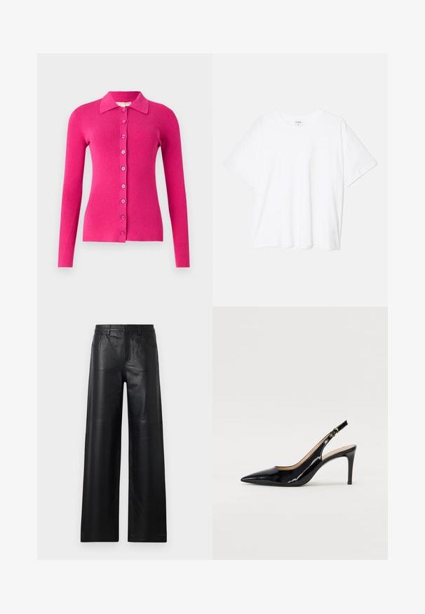 Fitted, long-sleeve cardigan in bright pink ribbed knit. Features a collared neck and a front button closure with matching buttons.; White cotton t-shirt with short sleeves, round neckline, relaxed fit, and stitched hem. Label visible on the inside neck.; Wide-leg black leather pants with a smooth texture, featuring front pockets, a button closure, and subtle stitching details.; Black patent leather slingback pump with pointed toe, slim heel, and a subtle cutout design. Features a gold buckle on the strap.