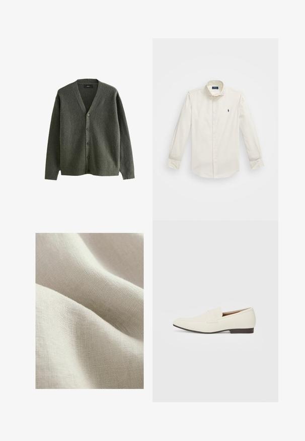 Cardigan verde oliva hecho de una tela texturizada, con escote en V, mangas largas y seis botones en la parte frontal.; Camisa blanca de manga larga hecha de algodón, con cuello abotonado, un bolsillo en el pecho y un pequeño logo en azul marino en el lado izquierdo.; tela de lino beige claro con una superficie texturizada, mostrando caídas suaves y fluidas y un patrón de tejido fino.; Mocasines beige claro con puntera puntiaguda, material suave, una correa a través del empeine y una suela baja marrón. Diseño simple con acentos mínimos.