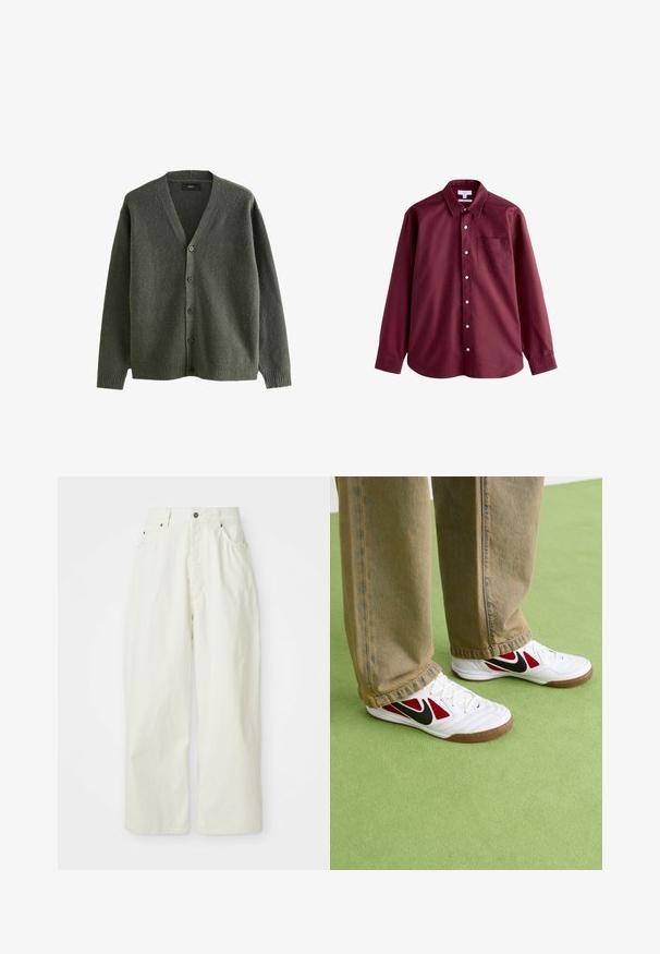 Olivgrüner Cardigan aus strukturiertem Material mit V-Ausschnitt, langen Ärmeln und sechs Knopfverschlüssen auf der Vorderseite.; Burgunderfarbendes Langarm-Hemd aus Baumwolle mit spitzem Kragen, einer Brusttasche und weißen Kunststoffknöpfen. Glatte Textur.; Weiße, weit geschnittene Baumwollhosen mit hoher Taille, fünf Taschen und Metallknopfverschluss. Glatte Textur mit minimalistischer Gestaltung.; Weiße Nike-Sneaker mit roten und schwarzen Akzenten, ausgestattet mit einer strukturierten Oberfläche und einer braunen Gummisohle, getragen zu hellbraunen Jeanshosen.