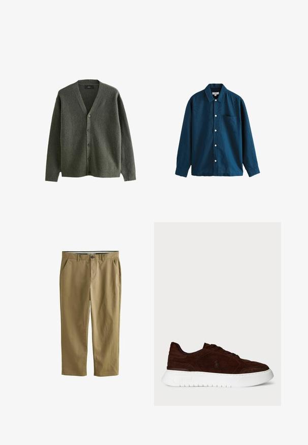 Olivgrüner Cardigan aus strukturiertem Material mit V-Ausschnitt, langen Ärmeln und sechs Knopfverschlüssen auf der Vorderseite.; Blaue langärmlige Button-Up-Bluse mit klassischem Kragen, einer einzelnen Brusttasche und weißen Knöpfen. Weicher Stoff mit leichtem Glanz.; Khakifarbene Chinos aus Baumwollmischung, mit zwei Seitentaschen, einem Knopfverschluss, geradem Bein und glatter Textur.; Dunkelbraune Wildleder-Sneaker mit dicker weißer Sohle, Schnürverschluss und dezentem Polo-Logo an der Seite, von der Außenseite betrachtet.