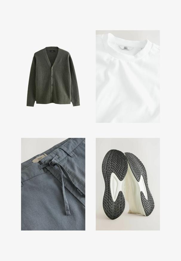 Olivgrön kofta gjord av texturerad tyg, med V-ringning, långa ärmar och sex knäppningar fram.; En enkel vit t-shirt med en närbild av halsringningen och etiketten, som visar "NEXT EDIT." mot en ljus bakgrund.; Grå tygshorts med en mjuk textur, utrustade med en knuten dragsko och bälteshällor. Etiketten visar "NEXT"-märket vid midjan.; Sneakers med en strukturerad svart gummisula och en slät vit mellansula, som har en andningsbar överdel och böjd design för flexibilitet.
