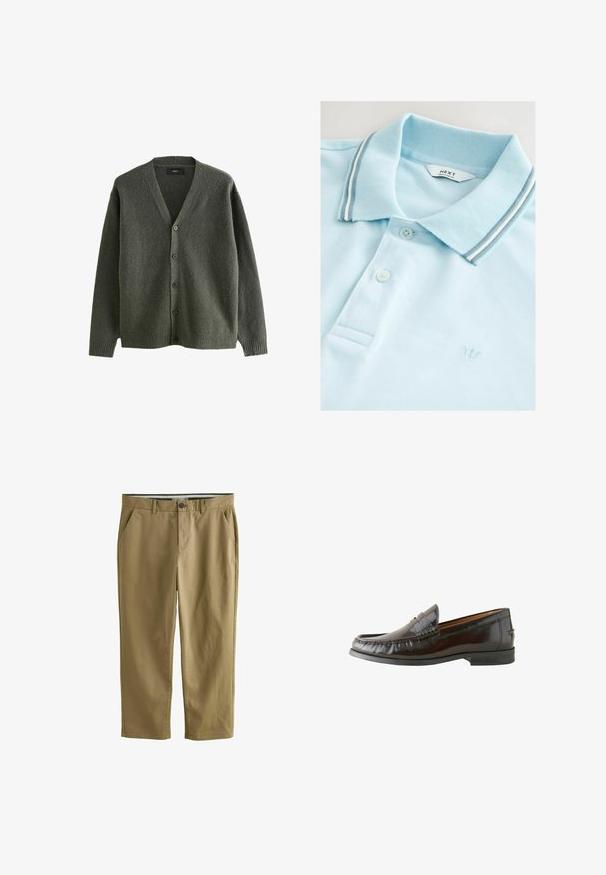 Olíva zöld kardigán texturált anyagból, V-nyakkal, hosszú ujjakkal és hat gombbal az elején.; Világoskék pólóing, textúrált anyagból készült. Klasszikus gallérral rendelkezik, amelyen szürke és fehér csíkok láthatók, két gombbal és egy kis korona logóval.; Khaaki chino nadrág pamut keverékből, két oldalsó zsebből, gombos záródással, egyenes szabással és sima textúrával.; Barna bőr loaferek sima felülettel, varrott díszítéssel, alacsony sarkúval és kerek orral. Talpa fekete gumiból készült a tapadás érdekében.