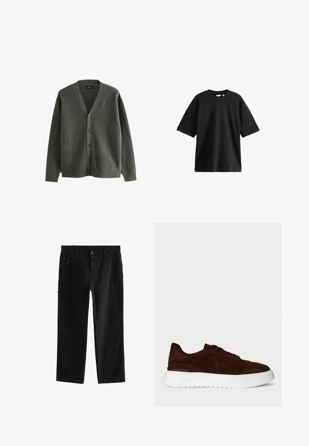 Cardigan verde oliva realizzato in tessuto testurizzato, con scollo a V, maniche lunghe e sei bottoni lungo la parte anteriore.; T-shirt nera a maniche corte in cotone, con collo rotondo e vestibilità ampia, caratterizzata da una texture morbida e dettagli minimi.; Pantaloni in cotone neri con design a gamba dritta, caratterizzati da una chiusura frontale con bottone, tasche laterali angolate e dettagli di cucitura discreti.; Sneaker in suede marrone scuro con suola spessa bianca, chiusura con lacci e logo Polo discreto sul lato, vista dal lato esterno.