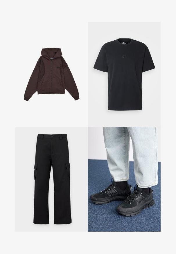 Felpa con zip marrone, dotata di cappuccio con coulisse, tasche frontali e dettagli cuciti sui lati e sulle maniche. Tessuto morbido e texturizzato.; T-shirt in cotone nero della Nike con collo rotondo classico, maniche corte e un logo in rilievo discreto sul petto. Texture liscia.; Pantaloni cargo neri con design a gamba dritta. Realizzati in tessuto resistente, dotati di due tasche laterali con chiusura a pattina e chiusura con bottone.; Scarpe sportive nere con tessuto testurizzato e suole in gomma, dotate di lacci elastici e un accento blu sul tallone. Indossate con pantaloni in denim chiaro.