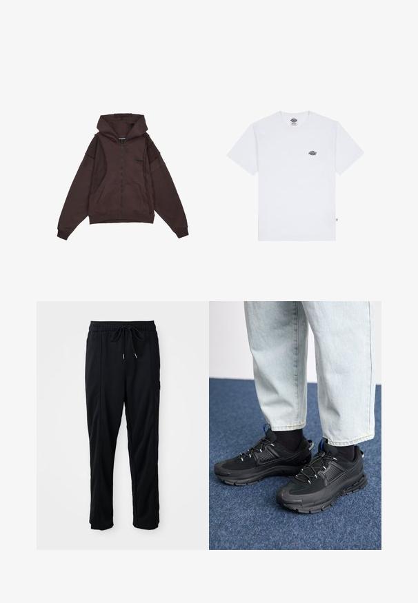 Hnědá mikina na zip s kapucí na šňůrku, předními kapsami a prošívanými detaily na bocích a rukávech. Měkká, texturovaná tkanina.; Bílá bavlněná tričko s krátkým rukávem, s malým černým logem na hrudi a štítkem v levém dolním rohu.; Černé casual kalhoty se stahovací šňůrkou v pase, bočními kapsami a rovnými nohavicemi na jednobarevném pozadí.; Černé sportovní boty s texturovanou tkaninou a gumovou podrážkou, s elastickými tkaničkami a modrým akcentem na patě. Nosí se s světlými džíny.
