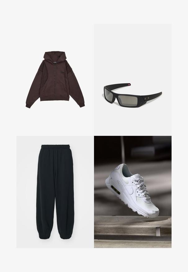 Sudadera con cremallera marrón, con capucha ajustable, bolsillos frontales y detalles cosidos en los laterales y las mangas. Tejido suave y texturizado.; Camiseta blanca de algodón con un estampado gráfico negro de una figura alada y texto, con cuello redondo y mangas cortas.; Pantalones de chándal negros con cintura elástica, de corte holgado, con puños en los tobillos, textura suave y sin patrones visibles ni acentos metálicos.; Zapatilla Nike Air Max 90 blanca con parte superior de malla y cuero, caja de puntera perforada y unidad de aire visible en el talón.; Gafas de sol negras con acabado mate, lentes rectangulares, ligera curvatura en las patillas, sutil detalle del logo y lentes ahumados.