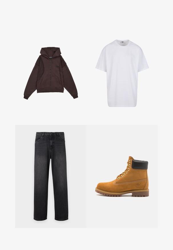 Homme de fermeture éclair marron avec une capuche à cordon, poches avant et des détails cousus sur les côtés et les manches. Tissu doux et texturé.; T-shirt en coton blanc avec des manches courtes, un col rond, une coupe décontractée et sans logos ni motifs visibles. Texture lisse et design minimaliste.; Jeans en denim gris foncé avec un design à jambe droite, dotés d'une fermeture éclair, de cinq poches et de légères décolorations sur le tissu.; Bottine en daim beige avec un col rembourré noir, œillets en métal doré, détails de surpiqûres blanches et semelle en caoutchouc robuste avec des crampons prononcés.