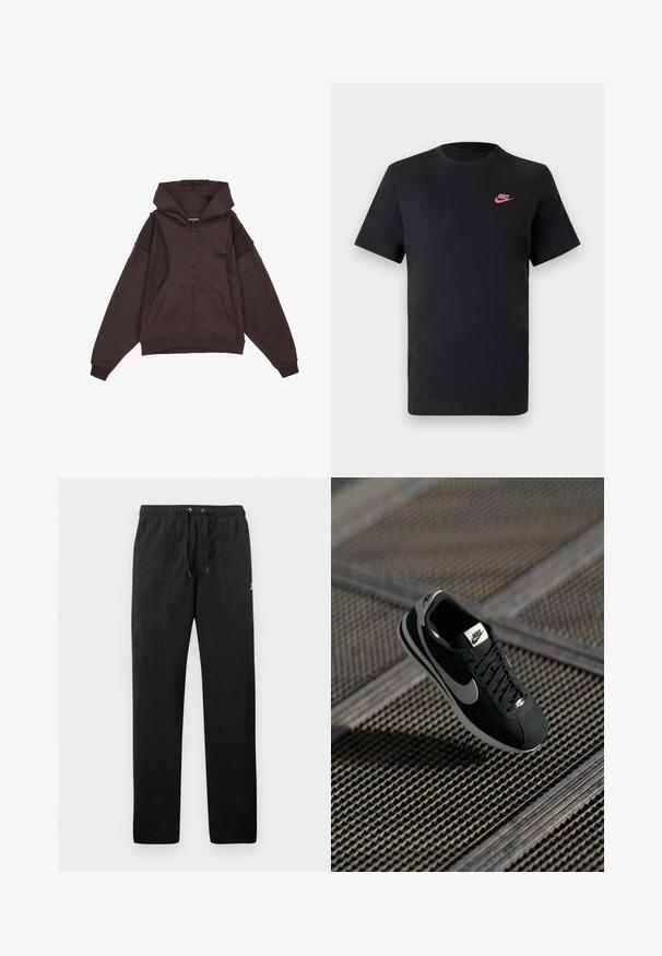 Brun zip-up hettegenser med snøring i hetten, frontlommer og sømdetaljer på sidene og ermene. Myk, strukturert stoff.; Svart bomull T-skjorte med rund hals og korte ermer. Har en rosa Nike-logo på øvre venstre side. Glatt tekstur.; Sorte joggebukser laget av fleece, med elastisk liv med snøring, to frontlommer og en liten logo på låret.; Sorte Nike-sneaker med grå detaljer, suede og mesh-materialer, teksturert såle, smal form og klassisk snøredesign.
