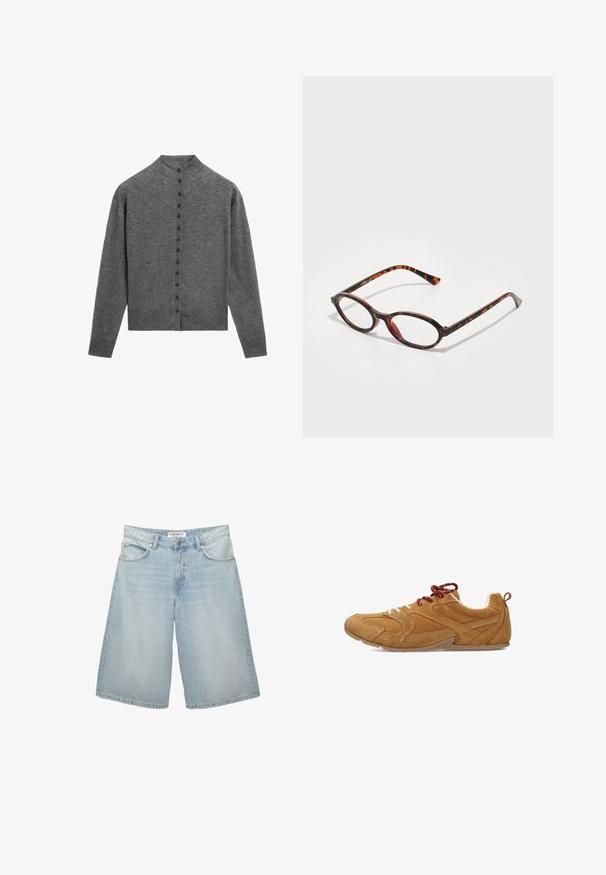 Grau Cardigan aus weichem Stoff, mit hohem Kragen, langen Ärmeln und einer Reihe von sechs Knöpfen an der Vorderseite.; Schlichtes weißes T-Shirt mit kurzen Ärmeln und Rundhalsausschnitt in schlanker Passform, flach vor einem weißen Hintergrund präsentiert.; Hellblaue Jeansshorts mit weit geschnittenem Design, ausgestattet mit fünf Taschen, Gürtelschlaufen und einem Reißverschluss. Glatte Textur mit leichter Ausbleichung.; Ziegenleder-Schuhe in Beige mit strukturierten Oberflächen, ausgestattet mit weißen und roten Schnürsenkeln, einer abgerundeten Zehenpartie und einer flexiblen Gummisohle.; Schildpatt-Sonnenbrille mit ovalen Gläsern, ausgestattet mit einem dunklen Gestell mit hellen und dunklen Brauntönen sowie schlanken, geschwungenen Bügeln.