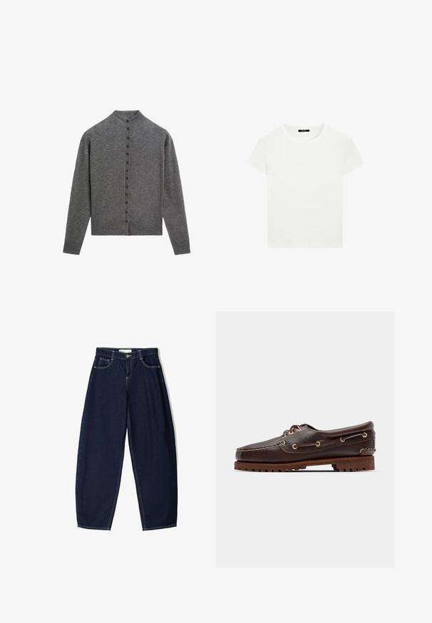 Grau Cardigan aus weichem Stoff, mit hohem Kragen, langen Ärmeln und einer Reihe von sechs Knöpfen an der Vorderseite.; Schlichtes weißes T-Shirt mit kurzen Ärmeln und Rundhalsausschnitt in schlanker Passform, flach vor einem weißen Hintergrund präsentiert.; Dunkelblaue Jeanshose mit lockerer Passform, ausgestattet mit fünf Taschen, kontrastierenden Nähten und einem Reißverschluss vorne.; Braune Lederbootsschuhe mit goldenen Ösen, runden Schnürsenkeln und einer strukturierten braunen Gummisohle. Verfügt über genähte Details und ein erhabenes Logo.