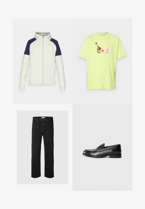 Hooded zip-up sweatshirt in lichtcrème met marineblauwe accenten op de schouders. Voorzien van zijzakken en een oranje logo op de borst.; Limoengroene katoenen T-shirt met een afbeelding van een vogel en een roze ijsje, met een eenvoudige ronde hals en korte mouwen.; Zwarte denim rechte jeans hebben een klassiek vijf-pocket ontwerp met knoopsluiting, minimale stiksels en een zachte textuur.; Zwarte leren instappers met een gladde afwerking, gestikte details over de bovenkant en een licht verhoogde hak.