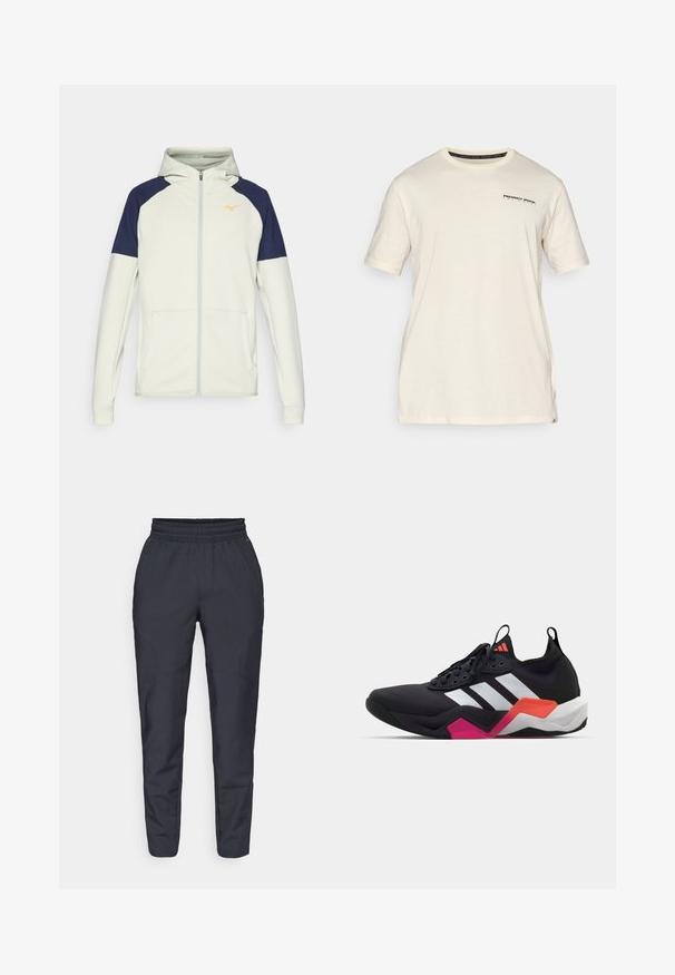 Φούτερ με κουκούλα και φερμουάρ σε ανοιχτό κρέμα με ναυτικές λεπτομέρειες στους ώμους. Διαθέτει πλευρικές τσέπες και πορτοκαλί λογότυπο στο στήθος.; Κρεμ T-shirt από βαμβάκι με κοντά μανίκια. Διαθέτει ένα μικρό μαύρο λογότυπο εκτυπωμένο στο αριστερό στήθος και σχεδίαση με στρογγυλή λαιμόκοψη.; Ναυτικές tapered παντελόνες από μαλακό ύφασμα, με ελαστική μέση, πλαϊνές τσέπες και λεία υφή με διακριτές ραφές.; Μαύρο αθλητικό παπούτσι με λευκές ρίγες, υφασμάτινη επιφάνεια με υφή και χοντρή σόλα με πορτοκαλί, ροζ και λευκές λεπτομέρειες. Σχέδιο με κορδόνια και λαβή.