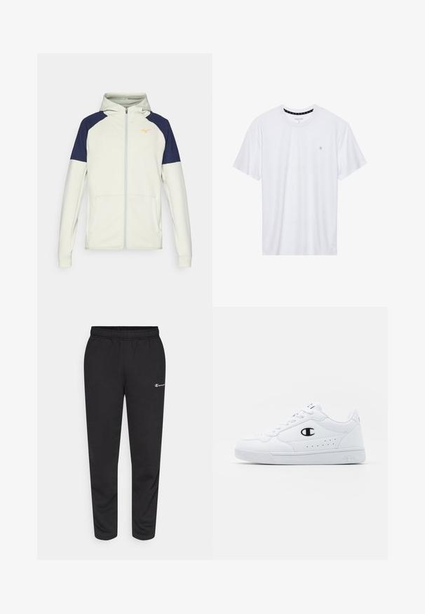 Sweat à capuche zippé en crème clair avec des accents navy sur les épaules. Dispose de poches latérales et d'un logo orange sur la poitrine.; T-shirt blanc à col rond en coton, avec des manches courtes et un petit logo brodé sur la partie gauche de la poitrine. Texture douce.; Pantalon de survêtement noir en mélange de coton, avec une taille élastique et un petit logo blanc sur le côté gauche. Conception à jambes fuselées.; Baskets de sport blanches avec une tige synthétique lisse, accent logo noir et détails perforés sur le côté. Semelle en caoutchouc.