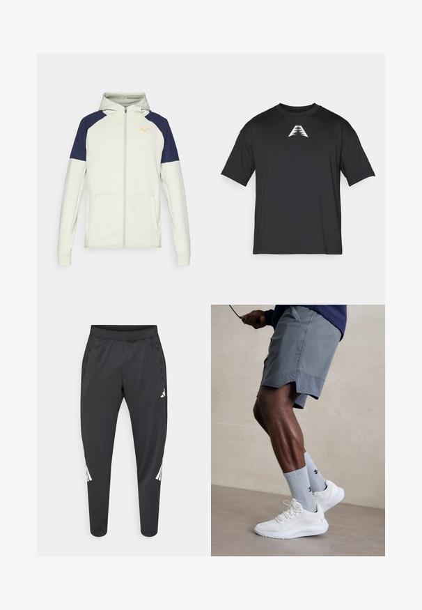 Švarkas su kapučiu, užtrauktuku šviesiai kreminės spalvos su tamsiai mėlynais akcentais ant pečių. Yra šoninės kišenės ir oranžinė logo ant krūtinės.; Juodas trumpomis rankovėmis marškinėliai, pagaminti iš lengvos medžiagos, su baltu trikampiu logotipu priekyje, klasikiniu apvaliu kaklu ir laisvu siluetu.; Juodos sportinės kelnės su siaurėjančiomis kojų apačiomis, elastine juosmens juosta, šoninėmis kišenėmis bei baltu logotipu ir dryžiais. Pagamintos iš glotnios, lengvos medžiagos.; Balti sportiniai bateliai su tekstūruotu tinkleliu viršuje, derinami su šviesiai mėlynomis ribotomis kojinėmis su logotipu. Pilki sportiniai šortai su perforuota apdaila.