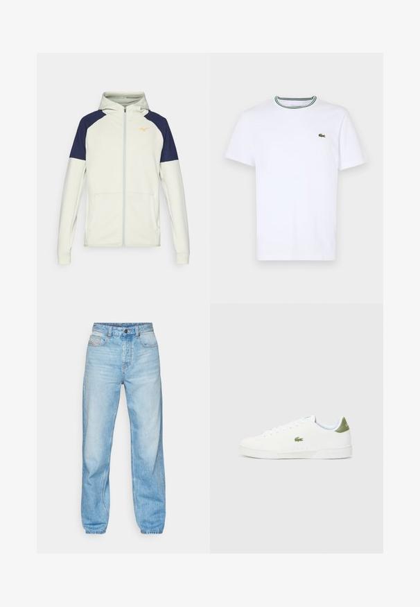 Hooded zip-up sweatshirt in lichtcrème met marineblauwe accenten op de schouders. Voorzien van zijzakken en een oranje logo op de borst.; Witte katoen T-shirt met korte mouwen en een geribde kraag met groene en zwarte strepen; klein groen geborduurd logo op de linkerborst.; Lichtblauwe jeans van denim, met een rechte pasvorm, vijf zakken en een zichtbare gulp met contrasterende stiksels.; Witte sneakers met een gladde textuur, voorzien van een groene accent bij de hiel en een klein geborduurd krokodillenlogo aan de zijkant.