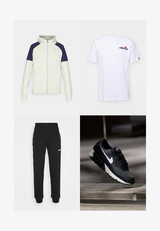 Hooded Zip-Up-Sweatshirt in hellem Creme mit marineblauen Akzenten an den Schultern. Verfügt über seitliche Taschen und ein oranges Logo auf der Brust.; Weißes Baumwoll-T-Shirt mit kurzen Ärmeln, das ein marineblaues gesticktes Logo auf der linken Brust und einen lebhaften Farbakzent über dem Logo präsentiert.; Schwarze Sweatpants aus weichem Material verfügen über einen taillierten Beinschnitt, einen elastischen Bund, seitliche Taschen mit Reißverschlüssen und eine kleine Logo-Akzentuierung.; Schwarze und grüne Sneakers mit einem gemusterten Mesh-Obermaterial, weißem Swoosh-Logo, gepolstertem Kragen und einer sichtbaren Luftpolsterung in der Sohle.