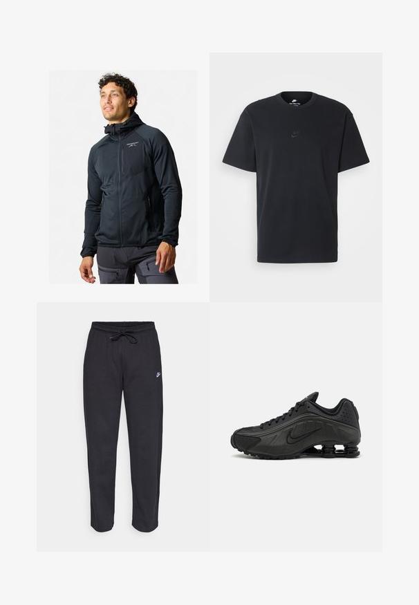 Schwarze Zip-Jacke mit taillierter Passform. Verfügt über eine Kapuze, eine glatte Textur und ein reflektierendes Logo auf der Brust. Zwei seitliche Reißverschlusstaschen.; Schwarzes Baumwoll-T-Shirt von Nike mit klassischem Rundhalsausschnitt, kurzen Ärmeln und einem dezenten, geprägten Logo auf der Brust. Glatte Textur.; Schwarze Sweatpants aus weichem Stoff mit elastischem Bund, Kordelzug und kleinem Nike-Logo auf dem linken Oberschenkel.; Schwarze Laufschuhe mit einem glatten synthetischen Obermaterial, durchbrochenen Akzenten, strukturierten Seitenpaneelen und einer ausgeprägten federnden Sohle.