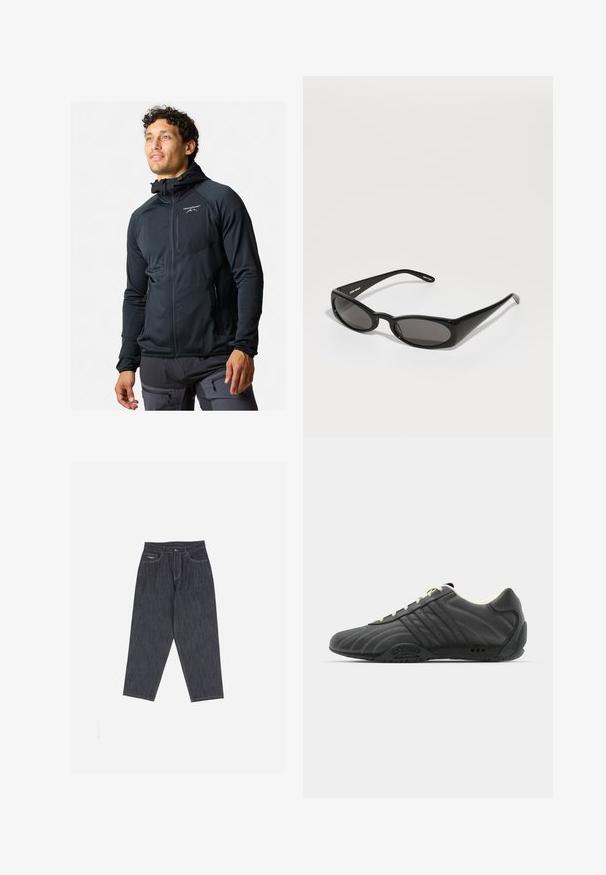 Sort lynlåsjakke med en tætsiddende pasform. Har en hætte, glat tekstur og reflekterende logo på brystet. To lynlåslommer i siden.; To hvide tanktops med ribbet tekstur, prydet med broderede logoer i blå og grøn. Den ene har et soldesign, mens den anden har et palmetræ.; Mørkeblå denimjeans med lige ben, fem-lomme stil og kontrasterende gul syning. Har et logo på taljen.; adidas Originals ADIRACER UNISEX - Sneakers - core black/cream white; Henrik Vibskov MEGAN SUNGLASSES UNISEX - Solbriller - black
