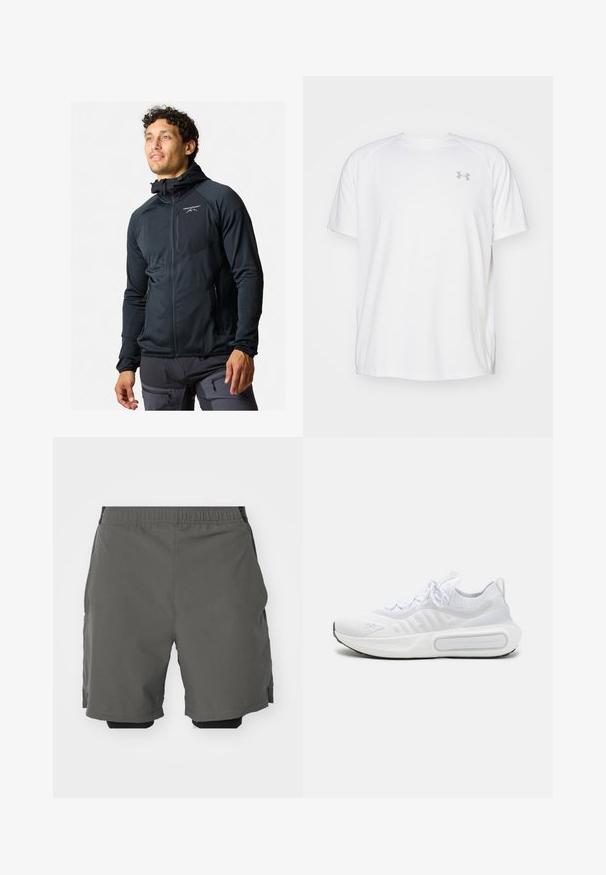 Czarna kurtka zapinana na zamek z dopasowanym krojem. Posiada kaptur, gładką fakturę oraz odblaskowe logo na klatce piersiowej. Dwie kieszenie boczne na zamek.; Biała, krótko rękawowa koszulka sportowa wykonana z gładkiego materiału. Posiada okrągły dekolt oraz szare logo po lewej stronie klatki piersiowej, z bocznymi rozcięciami u dołu.; Grafitowe szorty sportowe z gładkiego, lekkiego materiału i elastycznym paskiem w talii, z wewnętrznymi szortami kompresyjnymi i bocznymi kieszeniami.; Białe sportowe buty z teksturowanym, dzianinowym wierzchem, sznurowanym zapięciem, wyściełaną podeszwą i charakterystycznym detalem brandingowym po boku.