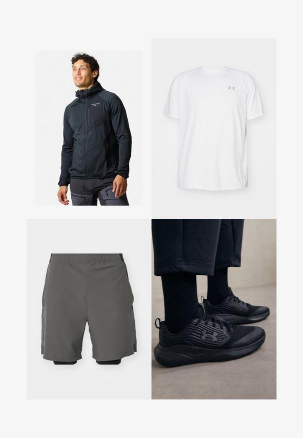 Black zip-up jacket with a fitted design. Features a hood, smooth texture, and reflective logo on the chest. Two zippered side pockets.; White short-sleeve athletic shirt made of smooth fabric. Features a crew neck and gray logo on the left chest, with side slits at the hem.; Gray athletic shorts with a smooth, lightweight fabric and an elastic waistband, featuring inner compression shorts and side pockets.; Person wearing black athletic sneakers with textured sides and logo, paired with black socks and cropped pants on a light floor.