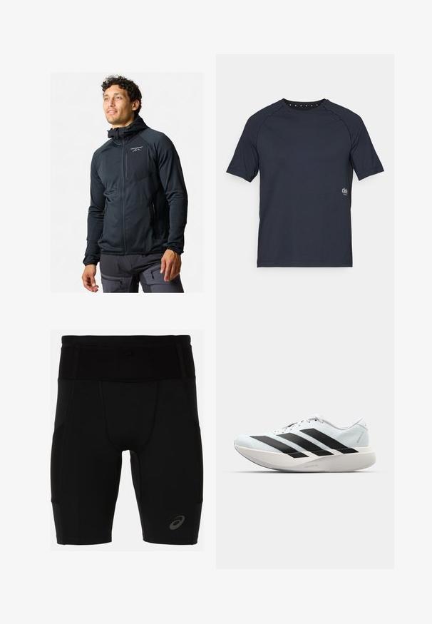 Czarna kurtka zapinana na zamek z dopasowanym krojem. Posiada kaptur, gładką fakturę oraz odblaskowe logo na klatce piersiowej. Dwie kieszenie boczne na zamek.; Ciemnoniebieska koszulka z krótkim rękawem wykonana z lekkiego materiału, z okrągłym dekoltem i małymi otworami z tyłu oraz logo z przodu.; Czarne spodenki sportowe o dopasowanym kroju, wykonane z gładkiego materiału. Posiadają wysoką talię oraz małe logo na dolnej lewej nodze.; Lekkie buty do biegania w jasnoniebieskim kolorze z czarnymi pasami. Posiadają gładką cholewkę, okrągły nosek oraz grubą białą podeszwę środkową oznaczoną "LIGHTSTRIKE PRO."
